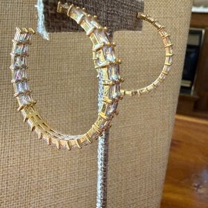 Park Lane Gold Hoop Earrings with Clear Baguette Stones